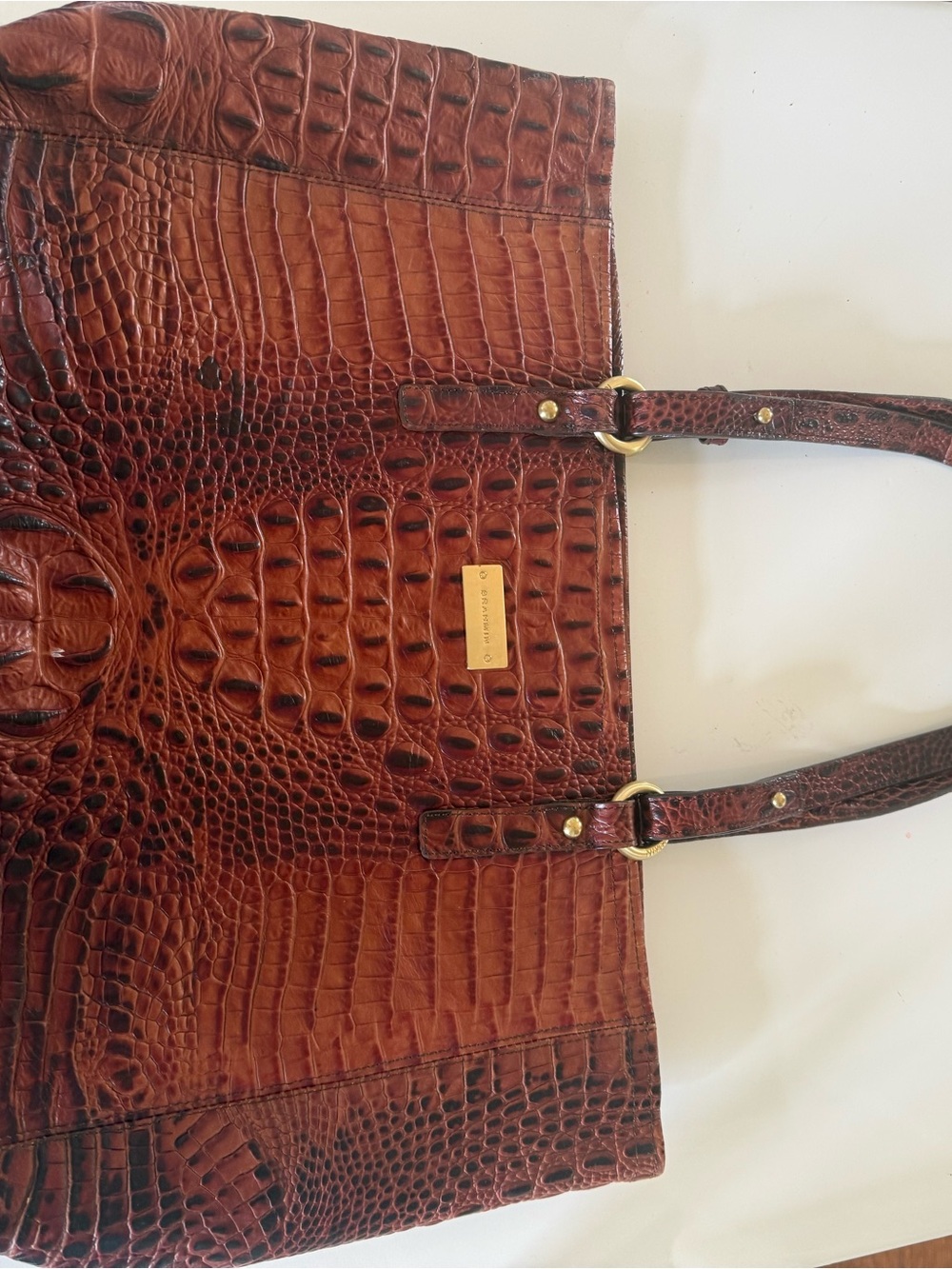 Brahmin Chestnut Croc-Embossed Leather Tote with Gold Hardware